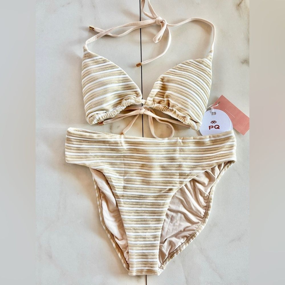 Nwt Anthropologie PilyQ Nee Striped Tan White Hilary High Waist Bikini Set